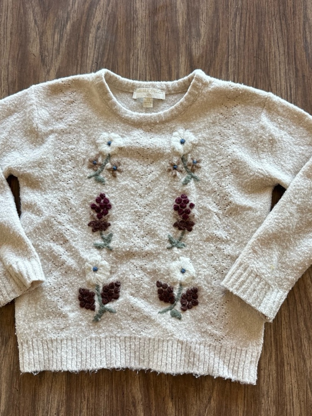 Chelsea & Violet Cream Bouclé Sweater with Burgundy Floral Details